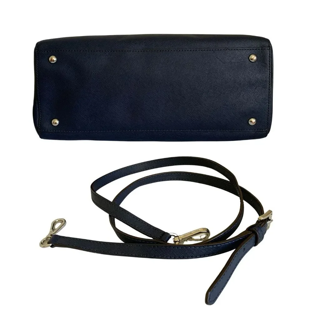 Michael Kors Navy Blue Saffiano Leather Satchel Crossbody Bag Double Top Handle